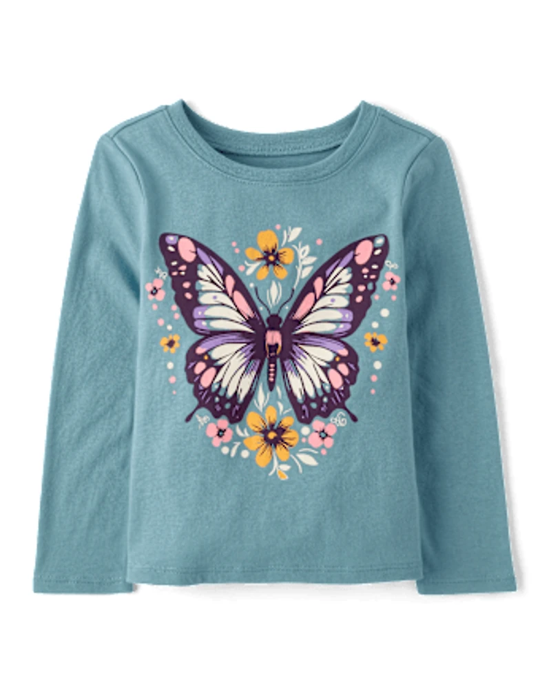 T-shirt graphique à motif floral et papillon pour bébé petite fille