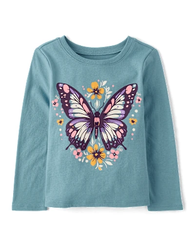 T-shirt graphique à motif floral et papillon pour bébé petite fille