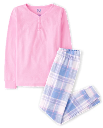 Girls Plaid Snug Fit Cotton Henley Pajamas
