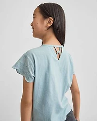 Girls Embellished Graphic Eyelet Top