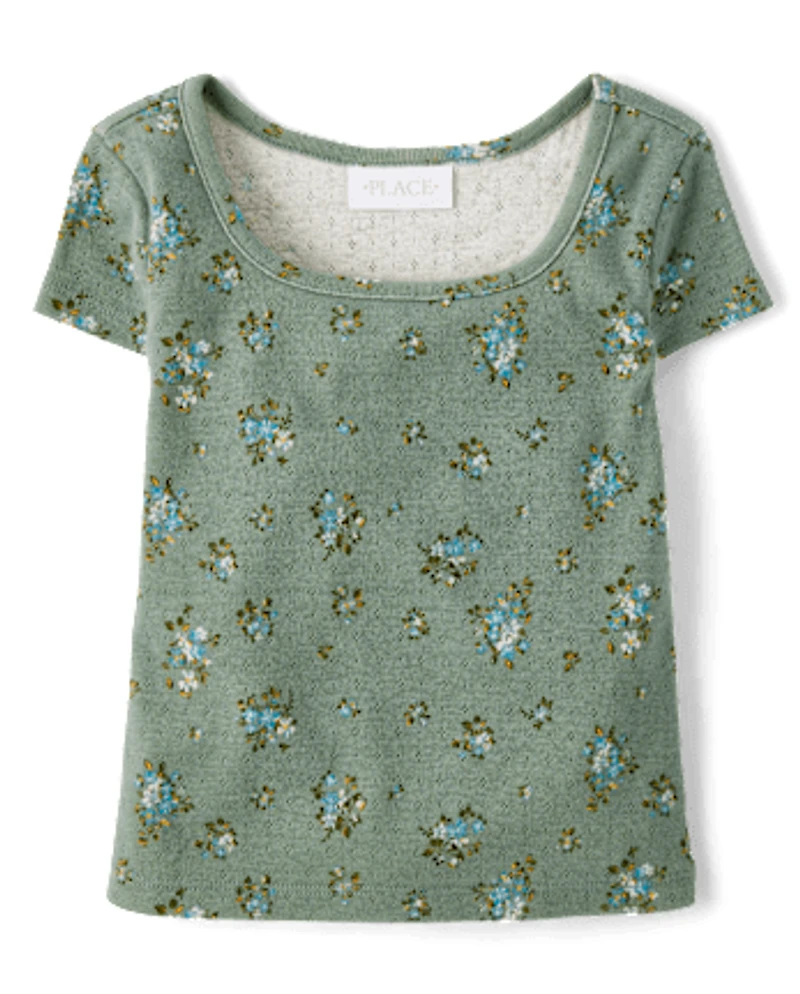 Girls Floral Pointelle Baby Tee