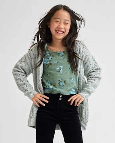 Girls Metallic Stitched Open Front Cardigan
