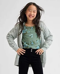 Girls Metallic Stitched Open Front Cardigan