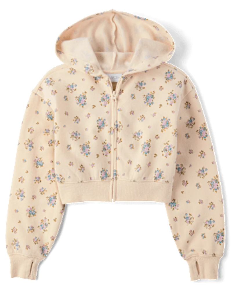 Girls Print Fleece Zip Up Hoodie