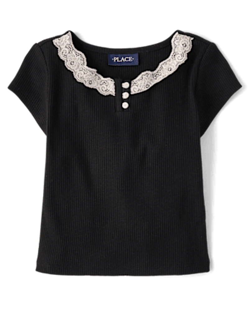 Girls Ribbed Lace Henley Top