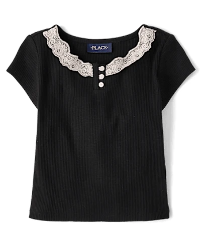Girls Ribbed Lace Henley Top