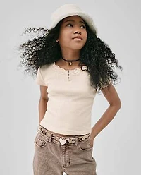 Girls Ribbed Lace Henley Top
