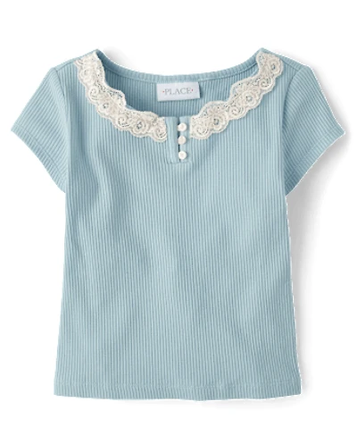 Girls Ribbed Lace Henley Top