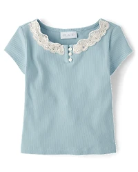 Girls Ribbed Lace Henley Top