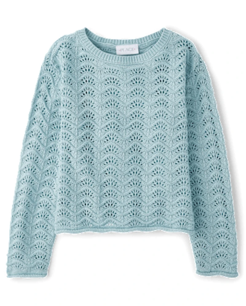 Girls Scalloped Pointelle Sweater