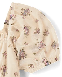 Girls Floral Mesh Puff Sleeve Dress