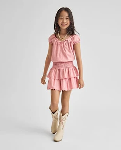 Girls Clip Dot Smocked Tiered Dress
