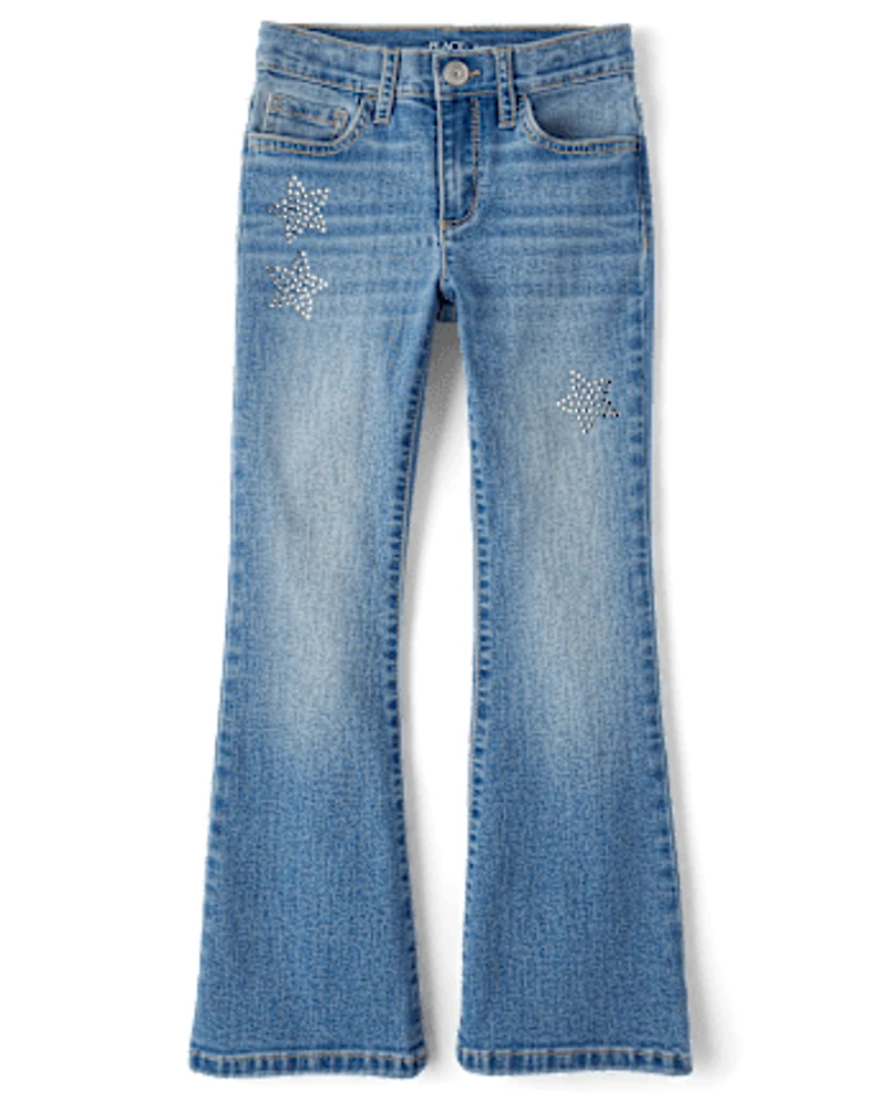 Girls Rhinestone Star High Rise Flare Jeans