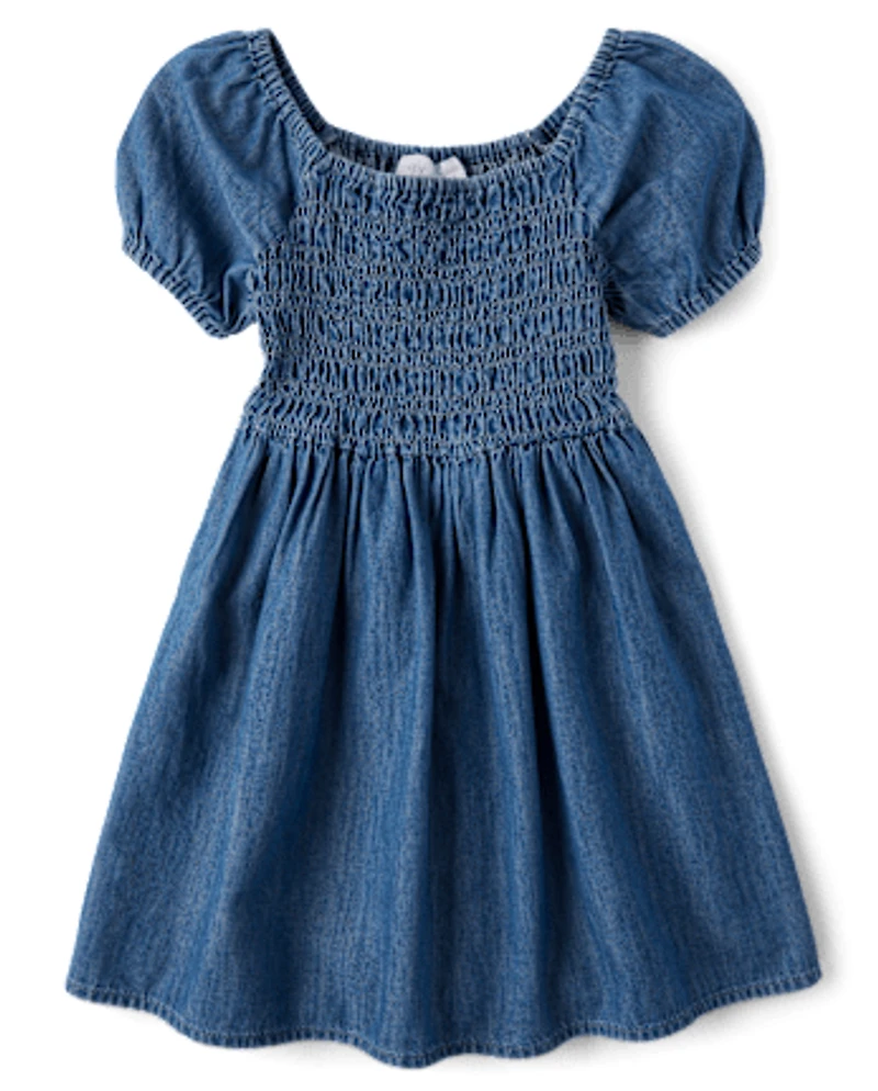 Girls Chambray Smocked Dress