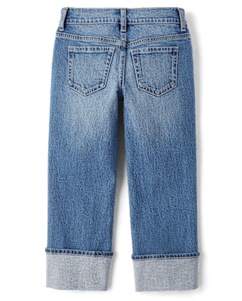 Girls Ripped Roll Cuff Straight Jeans