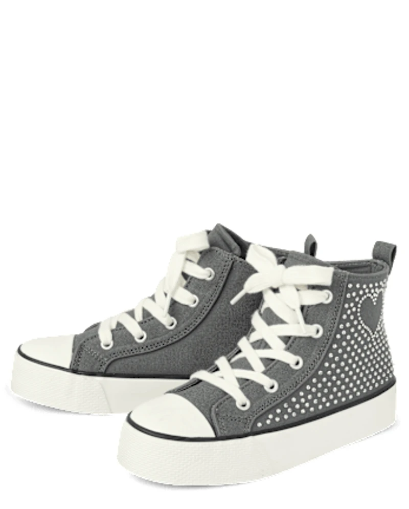 Girls Rhinestone Heart High Top Sneakers