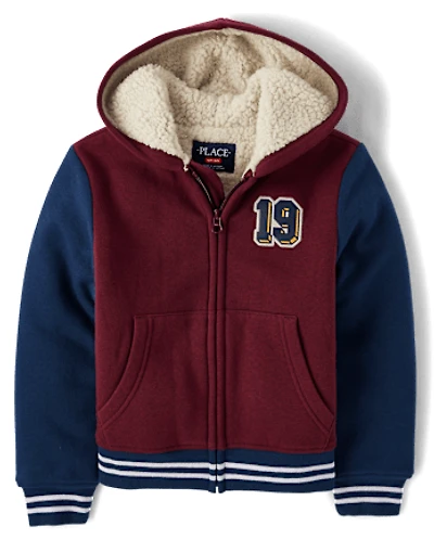 Kids Varsity Patch Premium Fleece Sherpa Lined Zip Up Hoodie