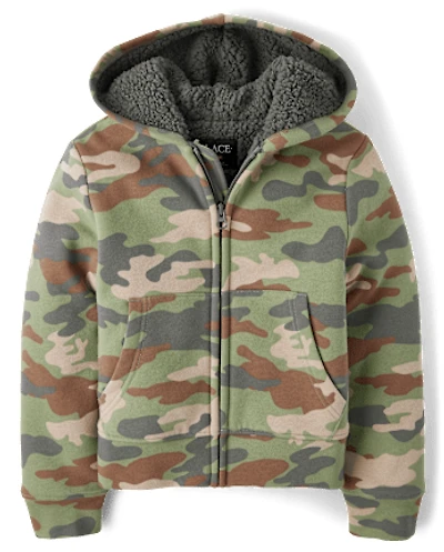 Kids Camo Premium Fleece Sherpa Lined Zip Up Hoodie