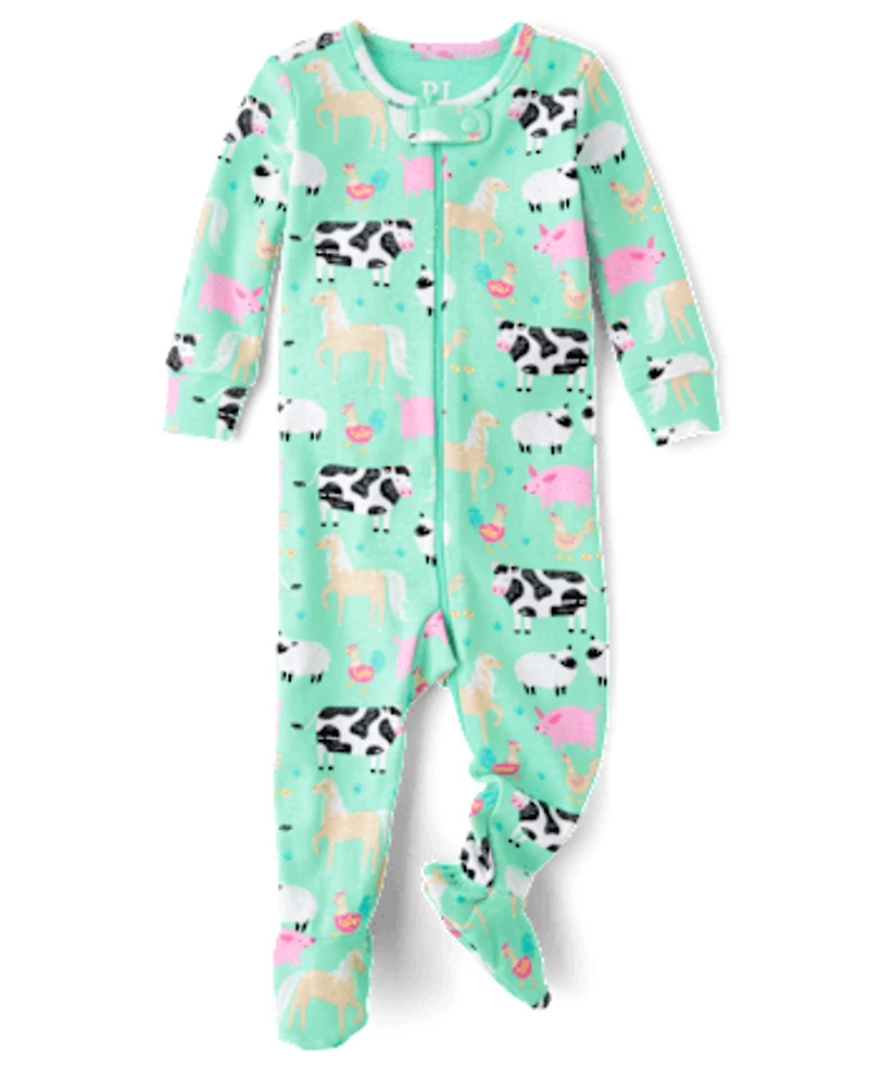 Baby And Toddler Girls Farm Animal Snug Fit Cotton Footed One Piece Pajamas
