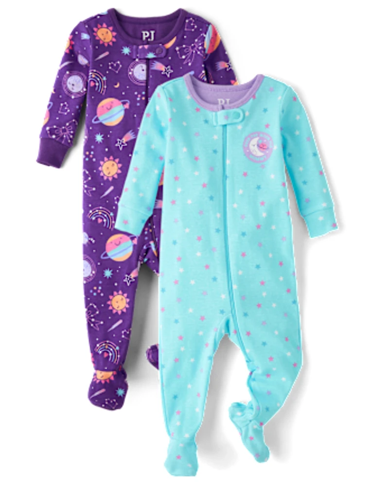 Baby And Toddler Girls Space Snug Fit Cotton Footed One Piece Pajamas 2-Pack