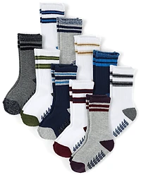 Boys Striped Cushioned Crew Socks 10-Pack