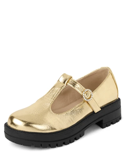Girls Metallic T-Strap Mary Jane Shoes