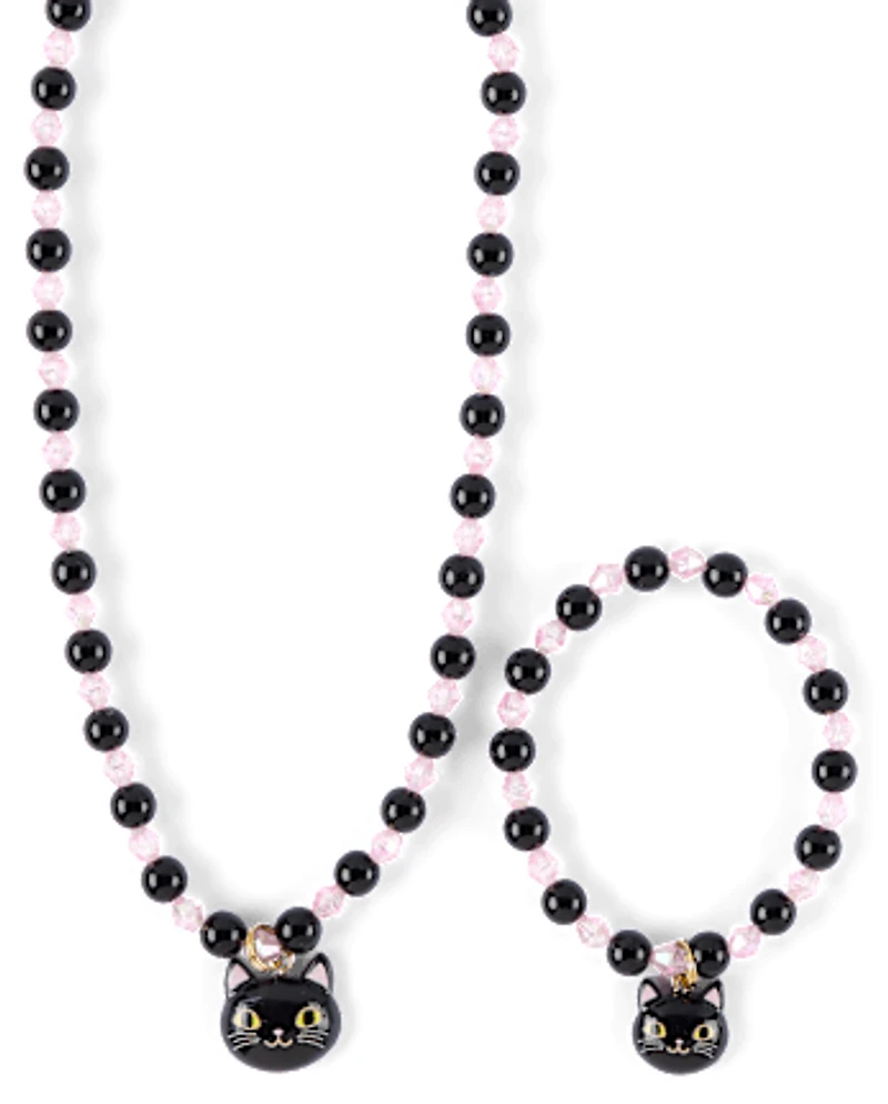 Girls Cat Beaded 2-Piece Jewelry Set