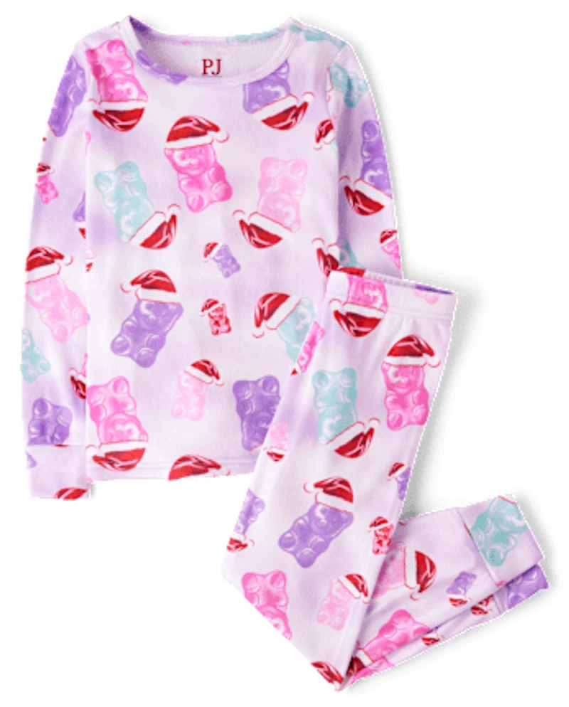 Girls Candy Bear Santa Hat Snug Fit Velour Pajamas