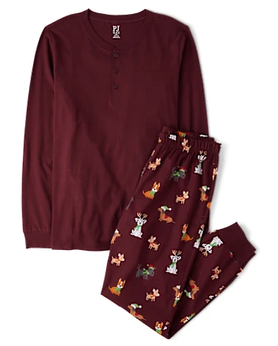 Mens Matching Family Holiday Dog Cotton Henley Pajamas