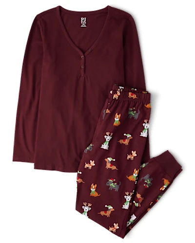Womens Matching Family Holiday Dog Cotton Henley Pajamas