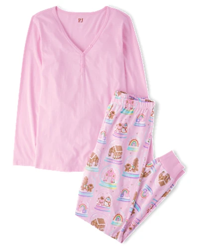 Womens Mommy And Me Gingerbread Snow Globe Cotton Henley Pajamas