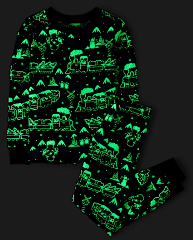 Kids Glow Holiday Train Snug Fit Cotton Pajamas