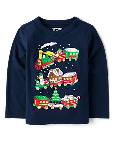 Baby And Toddler Boys Christmas Village Train Graphic Tee