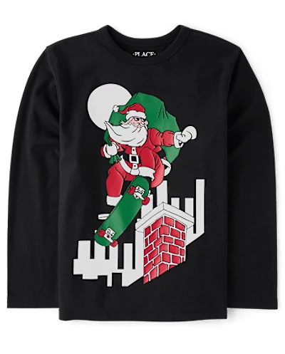 Boys Christmas Skateboard Santa Graphic Tee
