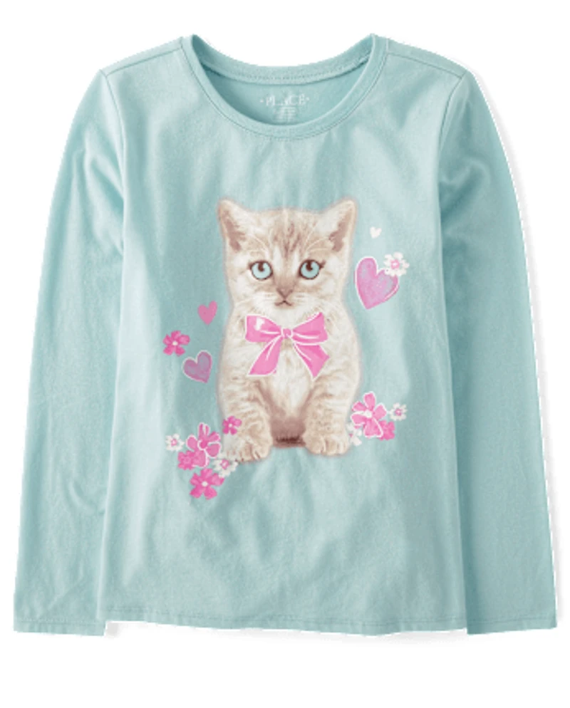 Girls Bow Cat Graphic Tee