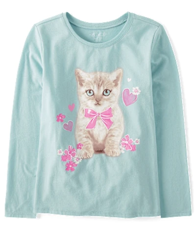 Girls Bow Cat Graphic Tee