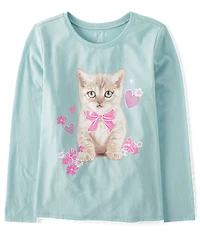 Girls Bow Cat Graphic Tee