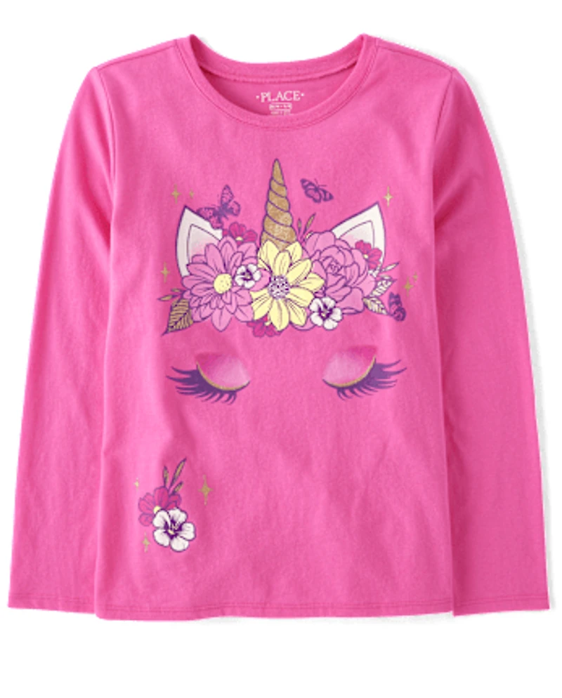 Girls Flower Crown Unicorn Graphic Tee