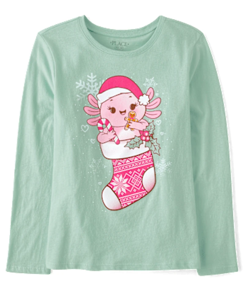 Girls Axolotl Christmas Stocking Graphic Tee