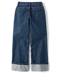 Girls Hello Kitty® Embroidered Roll Cuff Wide Leg Jeans