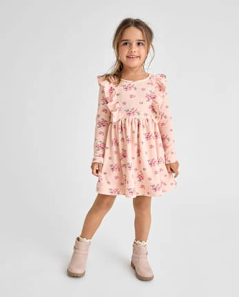 Baby And Toddler Girls Floral Plush Winter Waffle Thermal Babydoll Dress