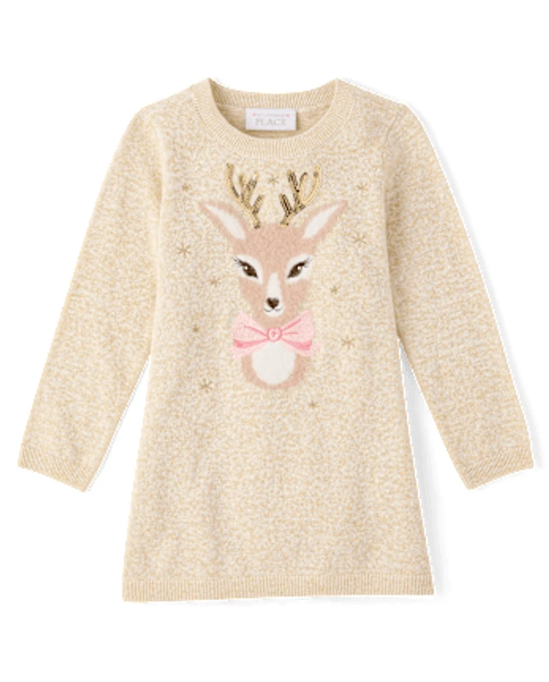 Baby And Toddler Girls Eyelash Reindeer Sweater Dress