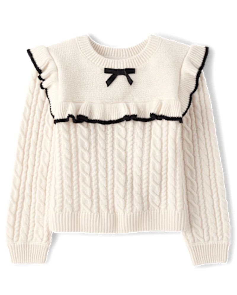 Toddler Girls Bow Ruffle Cable Knit Sweater