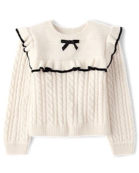 Toddler Girls Bow Ruffle Cable Knit Sweater
