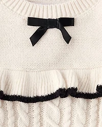 Toddler Girls Bow Ruffle Cable Knit Sweater