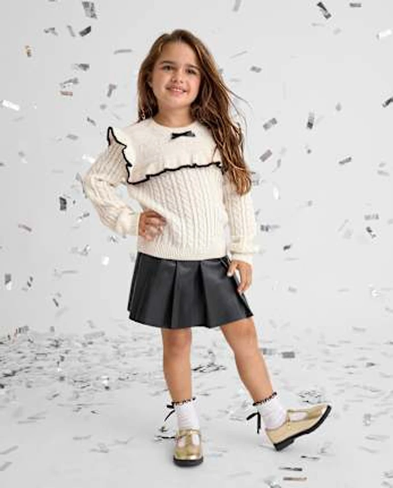 Toddler Girls Bow Ruffle Cable Knit Sweater