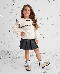 Toddler Girls Bow Ruffle Cable Knit Sweater