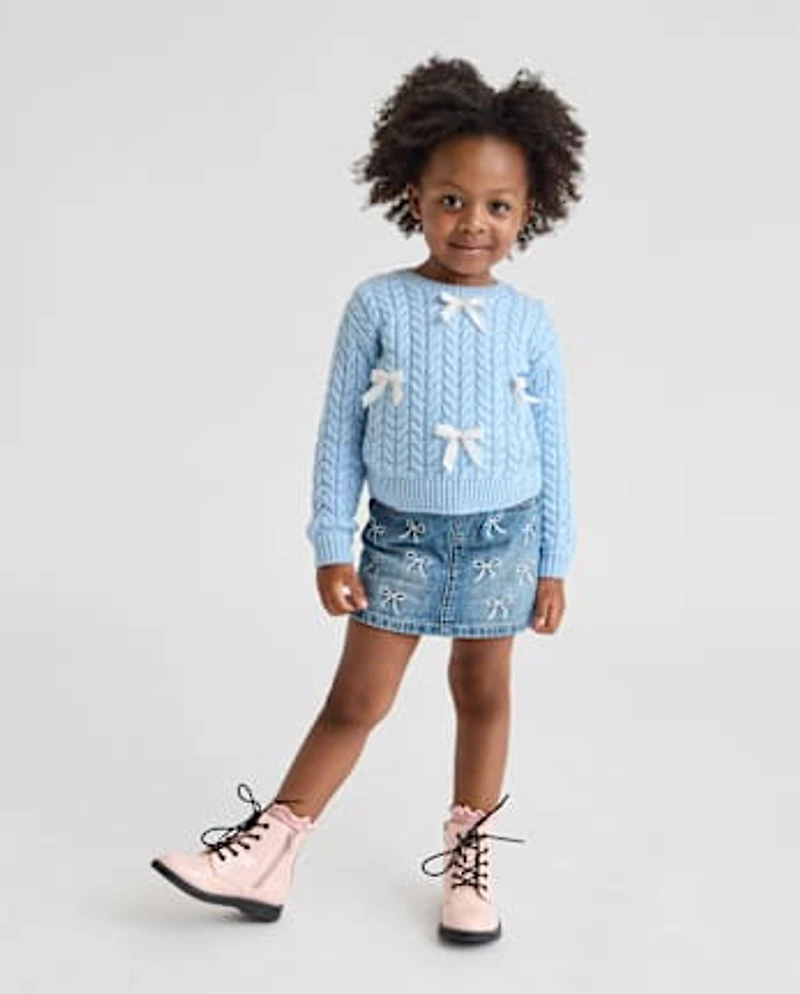 Toddler Girls Bow Cable Knit Sweater