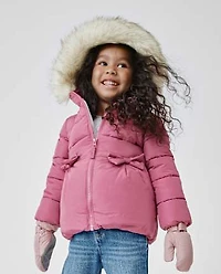 Toddler Girls Bow Faux Fur Lined Bubble Puffer Jacket