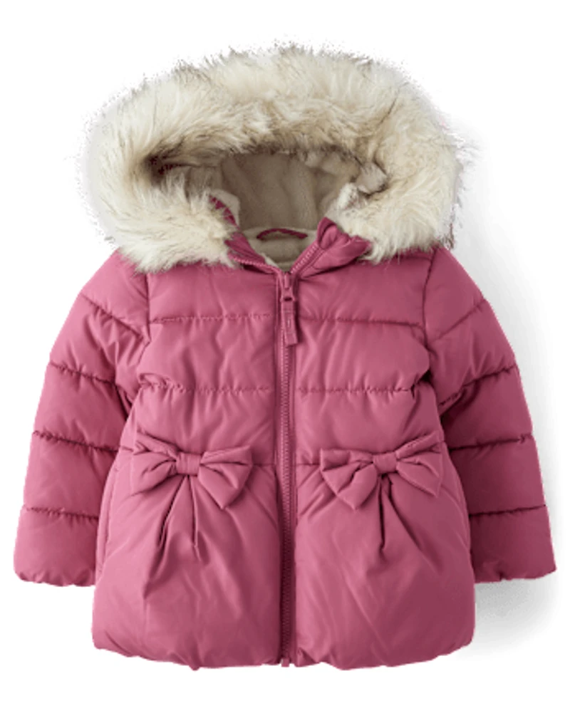 Toddler Girls Bow Faux Fur Lined Bubble Puffer Jacket